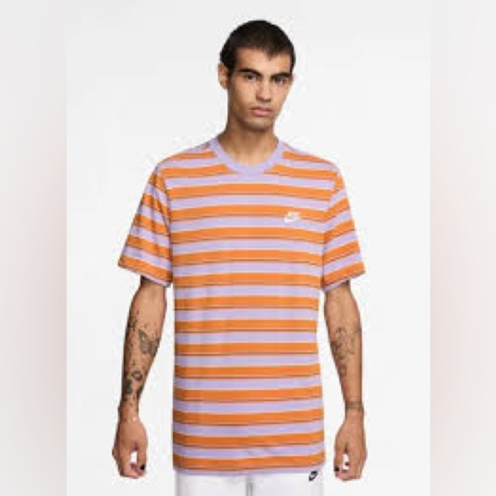 Nike Men's Tee 100% Cotton Orange and Lavender Striped Shirt Size Large